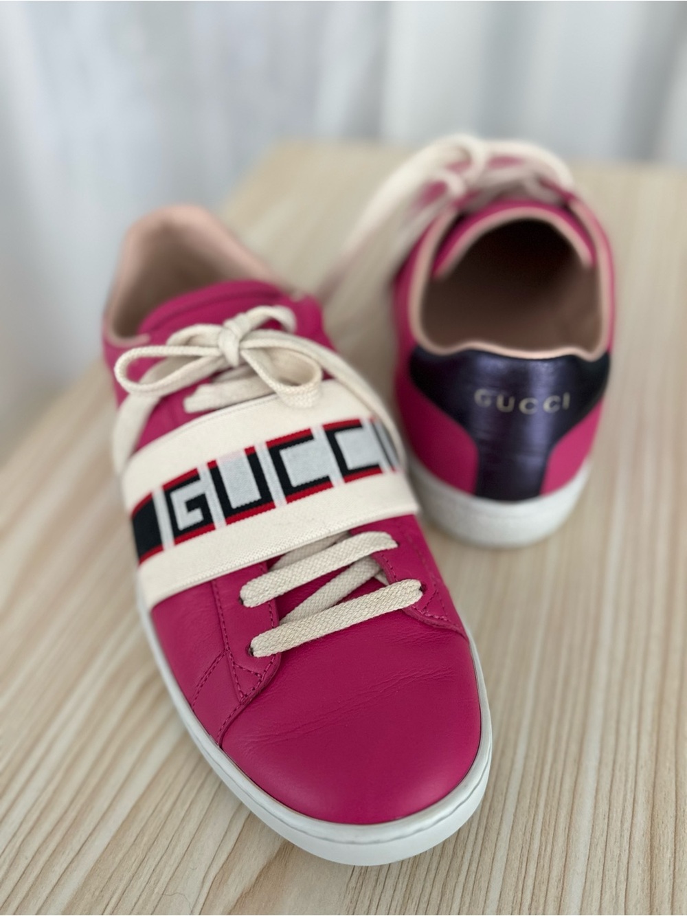 GUCCI Ace HOT Pink Logo Strap Leather Sneakers | Size 8